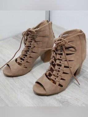 Rampage Taupe Lace-Up Peep Toe Block Heel Booties